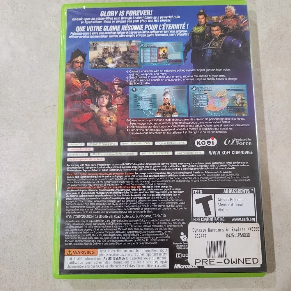Dynasty Warriors 6 Empires Microsoft Xbox 360, 2009